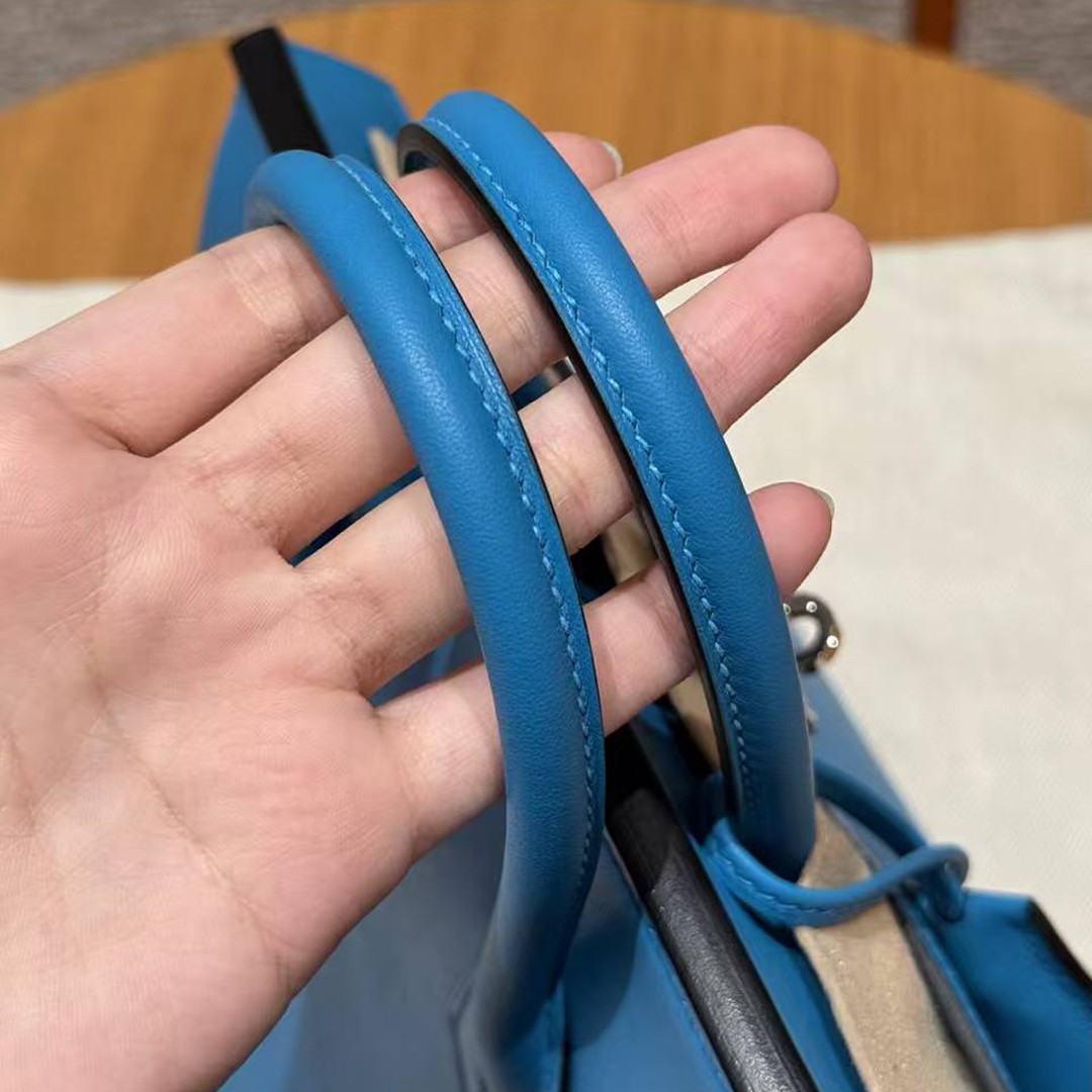 Hermes Birkin 25 Bag Handmade In Swift Calfskin Leather Silver Hardware B3 Blue Zanzibar - Image 13