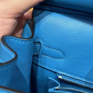 Hermes Birkin 25 Bag Handmade In Swift Calfskin Leather Silver Hardware B3 Blue Zanzibar - Image 11
