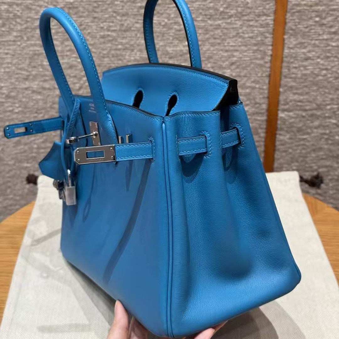 Hermes Birkin 25 Bag Handmade In Swift Calfskin Leather Silver Hardware B3 Blue Zanzibar - Image 3
