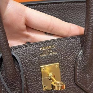 Hermès Birkin 25 Bag Handmade In Togo Calfskin Leather Gold Hardware 47 Chocolate - Image 3