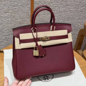 Hermès Birkin 25 Bag Handmade In Togo Calfskin Leather Gold Hardware 55 Rouge H