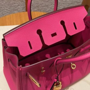 Hermes Birkin 25 Bag Handmade In Togo Calfskin Leather Gold Hardware 5J Fuchia - Image 11