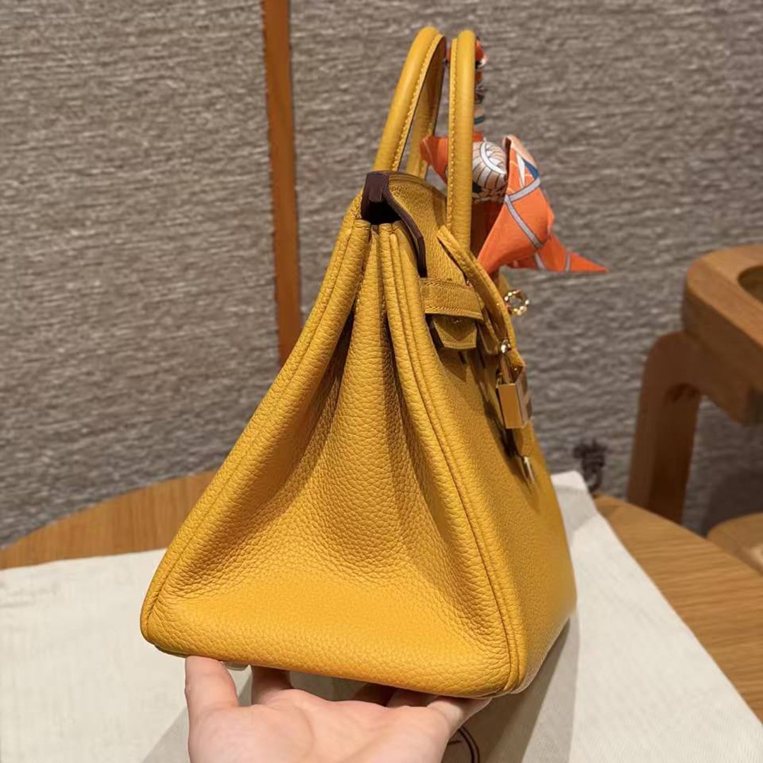 Hermes Birkin 25 Bag Handmade In Togo Calfskin Leather Gold Hardware 9D Jaune Ambre - Image 21