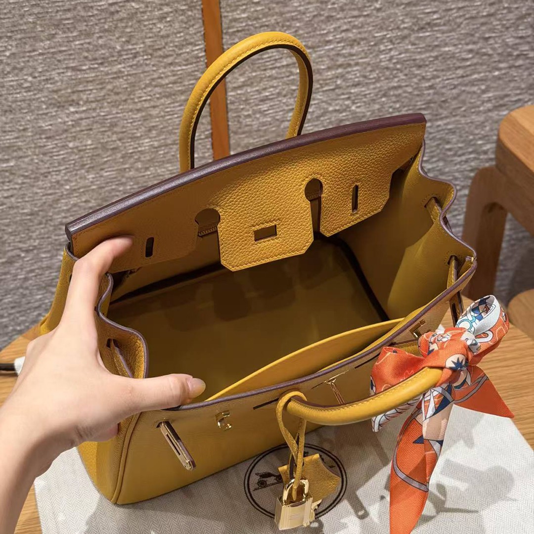 Hermes Birkin 25 Bag Handmade In Togo Calfskin Leather Gold Hardware 9D Jaune Ambre - Image 18
