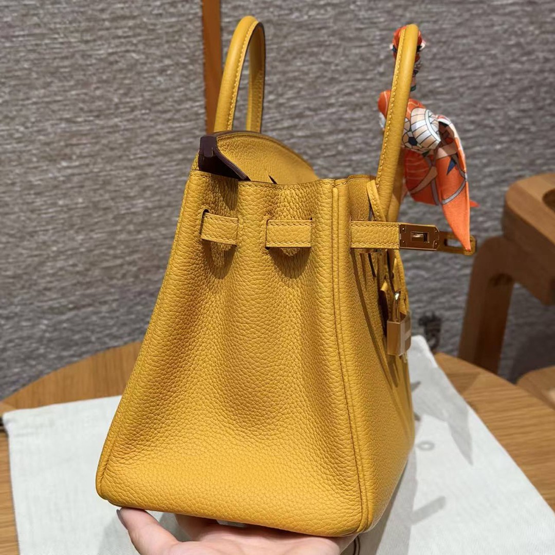 Hermes Birkin 25 Bag Handmade In Togo Calfskin Leather Gold Hardware 9D Jaune Ambre - Image 13