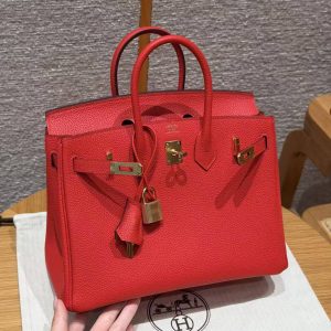 Hermès Birkin 25 Bag Handmade In Togo Calfskin Leather Gold Hardware O5 Rouge Radieux - Image 13