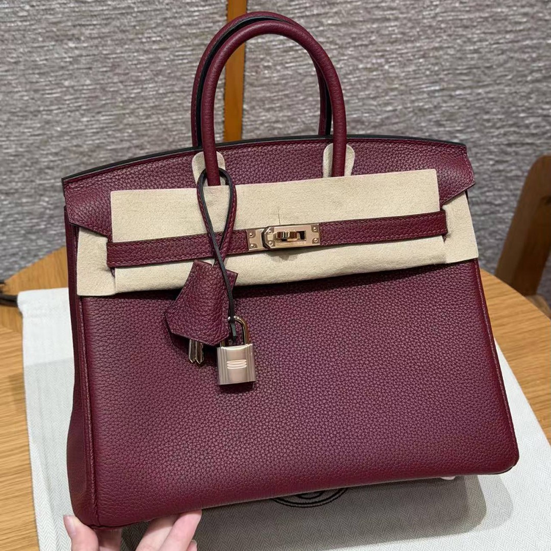Hermès Birkin 25 Bag Handmade In Togo Calfskin Leather Rose Gold Hardware 57 Bordeaux - Image 2