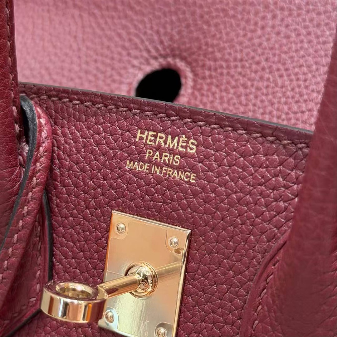 Hermès Birkin 25 Bag Handmade In Togo Calfskin Leather Rose Gold Hardware 57 Bordeaux - Image 14