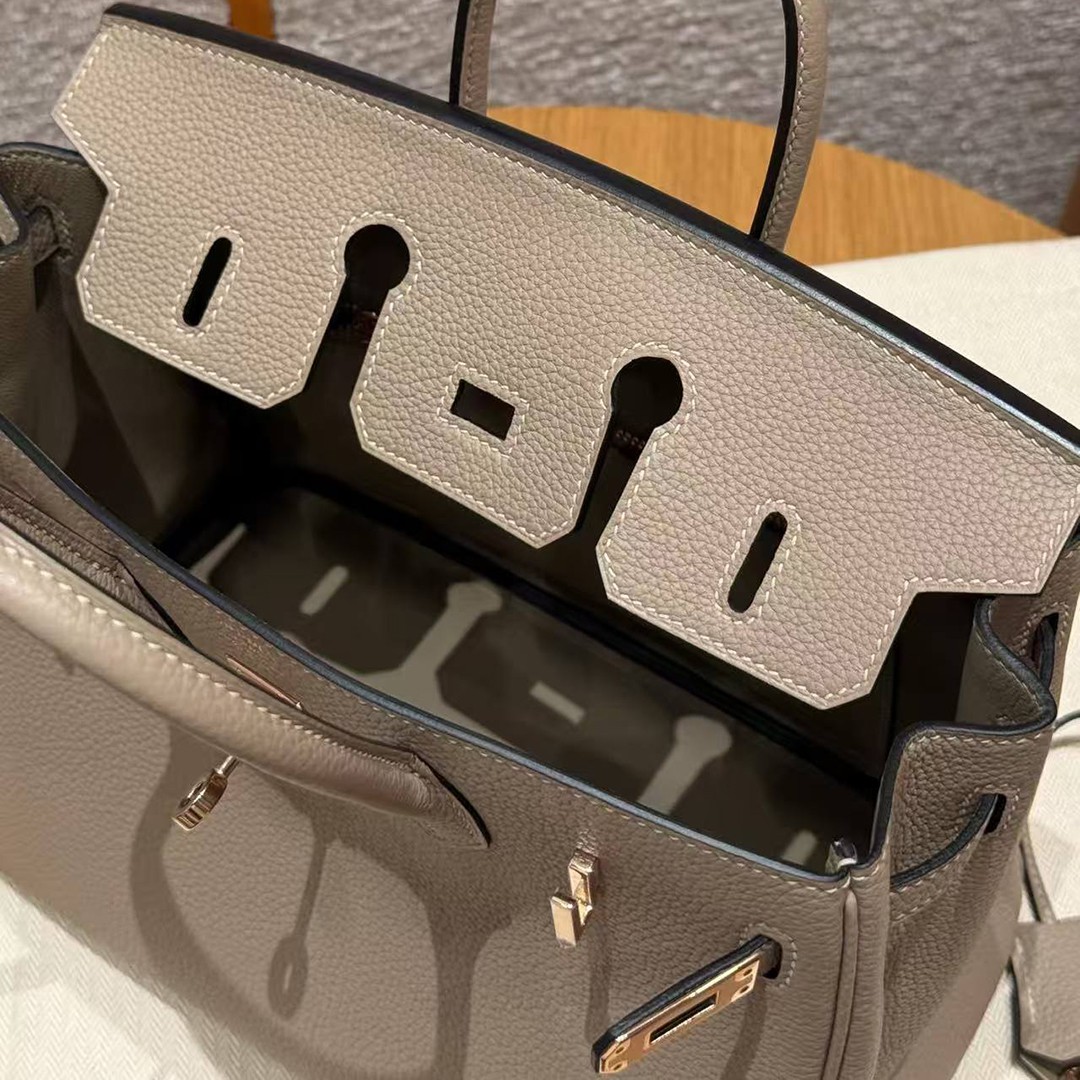 Hermes Birkin 25 Bag Handmade In Togo Calfskin Leather Rose Gold Hardware 81 Gris Tourterlle - Image 11