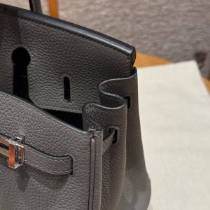 Hermes Birkin 25 Bag Handmade In Togo Calfskin Leather Silver Hardware 0L Gris Neyer - Image 17