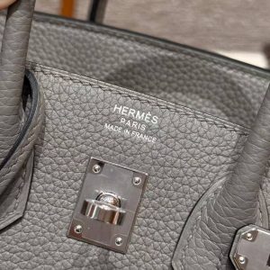 Hermes Birkin 25 Bag Handmade In Togo Calfskin Leather Silver Hardware 0L Gris Neyer - Image 16