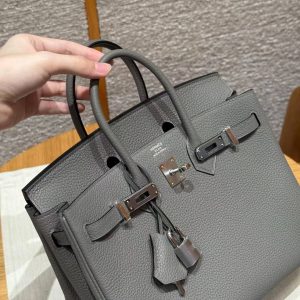 Hermes Birkin 25 Bag Handmade In Togo Calfskin Leather Silver Hardware 0L Gris Neyer - Image 10