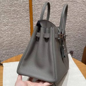 Hermes Birkin 25 Bag Handmade In Togo Calfskin Leather Silver Hardware 0L Gris Neyer - Image 9