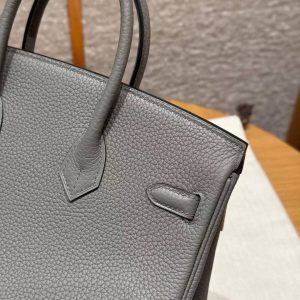 Hermes Birkin 25 Bag Handmade In Togo Calfskin Leather Silver Hardware 0L Gris Neyer - Image 8