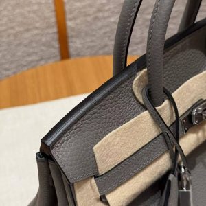 Hermes Birkin 25 Bag Handmade In Togo Calfskin Leather Silver Hardware 0L Gris Neyer - Image 6