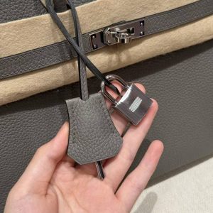 Hermes Birkin 25 Bag Handmade In Togo Calfskin Leather Silver Hardware 0L Gris Neyer - Image 5