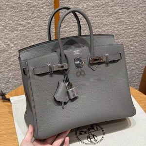 Hermes Birkin 25 Bag Handmade In Togo Calfskin Leather Silver Hardware 0L Gris Neyer - Image 3