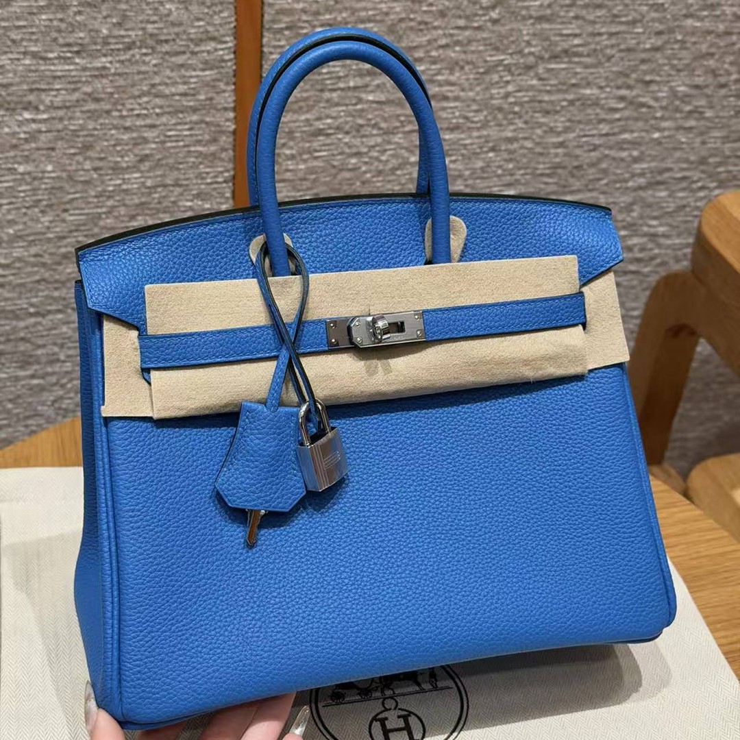 Hermès Birkin 25 Bag Handmade In Togo Calfskin Leather Silver Hardware 17 Blue Zalige