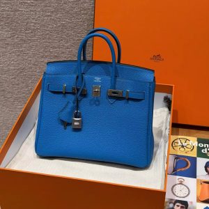 Hermès Birkin 25 Bag Handmade In Togo Calfskin Leather Silver Hardware 17 Blue Zalige - Image 14