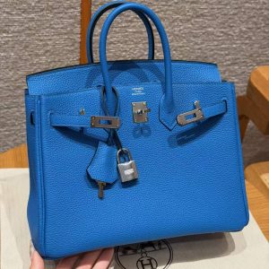 Hermès Birkin 25 Bag Handmade In Togo Calfskin Leather Silver Hardware 17 Blue Zalige - Image 13