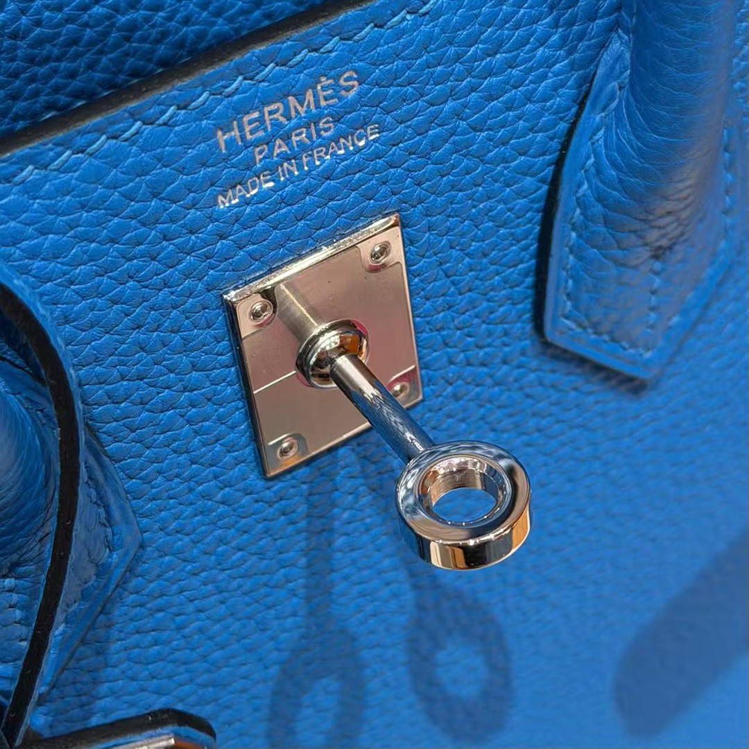 Hermès Birkin 25 Bag Handmade In Togo Calfskin Leather Silver Hardware 17 Blue Zalige - Image 7