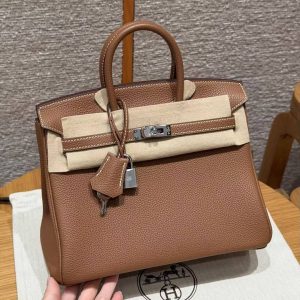 Hermès Birkin 25 Bag Handmade In Togo Calfskin Leather Silver Hardware 37 Gold