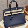 Hermès Birkin 25 Bag Handmade In Togo Calfskin Leather Silver Hardware 73 Blue Saphir 35 Cognac