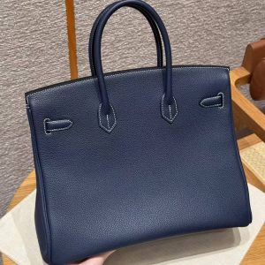 Alternative view of Hermès Birkin 25 Bag Handmade In Togo Calfskin Leather Silver Hardware 73 Blue Saphir 35 Cognac