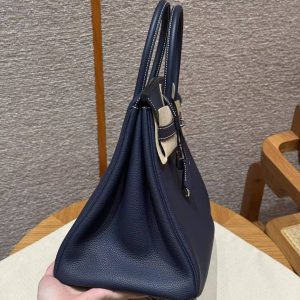 Hermès Birkin 25 Bag Handmade In Togo Calfskin Leather Silver Hardware 73 Blue Saphir 35 Cognac - Image 21