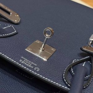 Hermès Birkin 25 Bag Handmade In Togo Calfskin Leather Silver Hardware 73 Blue Saphir 35 Cognac - Image 18
