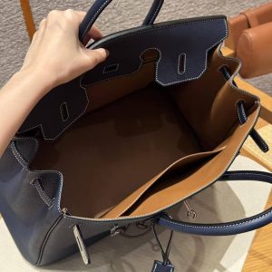 Hermès Birkin 25 Bag Handmade In Togo Calfskin Leather Silver Hardware 73 Blue Saphir 35 Cognac - Image 14