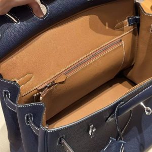Hermès Birkin 25 Bag Handmade In Togo Calfskin Leather Silver Hardware 73 Blue Saphir 35 Cognac - Image 13