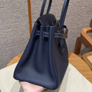 Hermès Birkin 25 Bag Handmade In Togo Calfskin Leather Silver Hardware 73 Blue Saphir 35 Cognac - Image 4