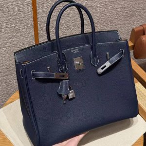 Hermès Birkin 25 Bag Handmade In Togo Calfskin Leather Silver Hardware 73 Blue Saphir 35 Cognac - Image 3