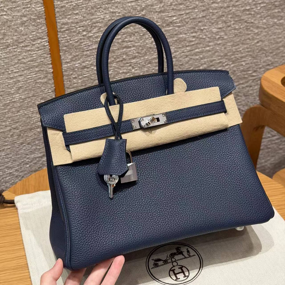 Hermes Birkin 25 Bag Handmade In Togo Calfskin Leather Silver Hardware 7U Blue Navy - Image 2