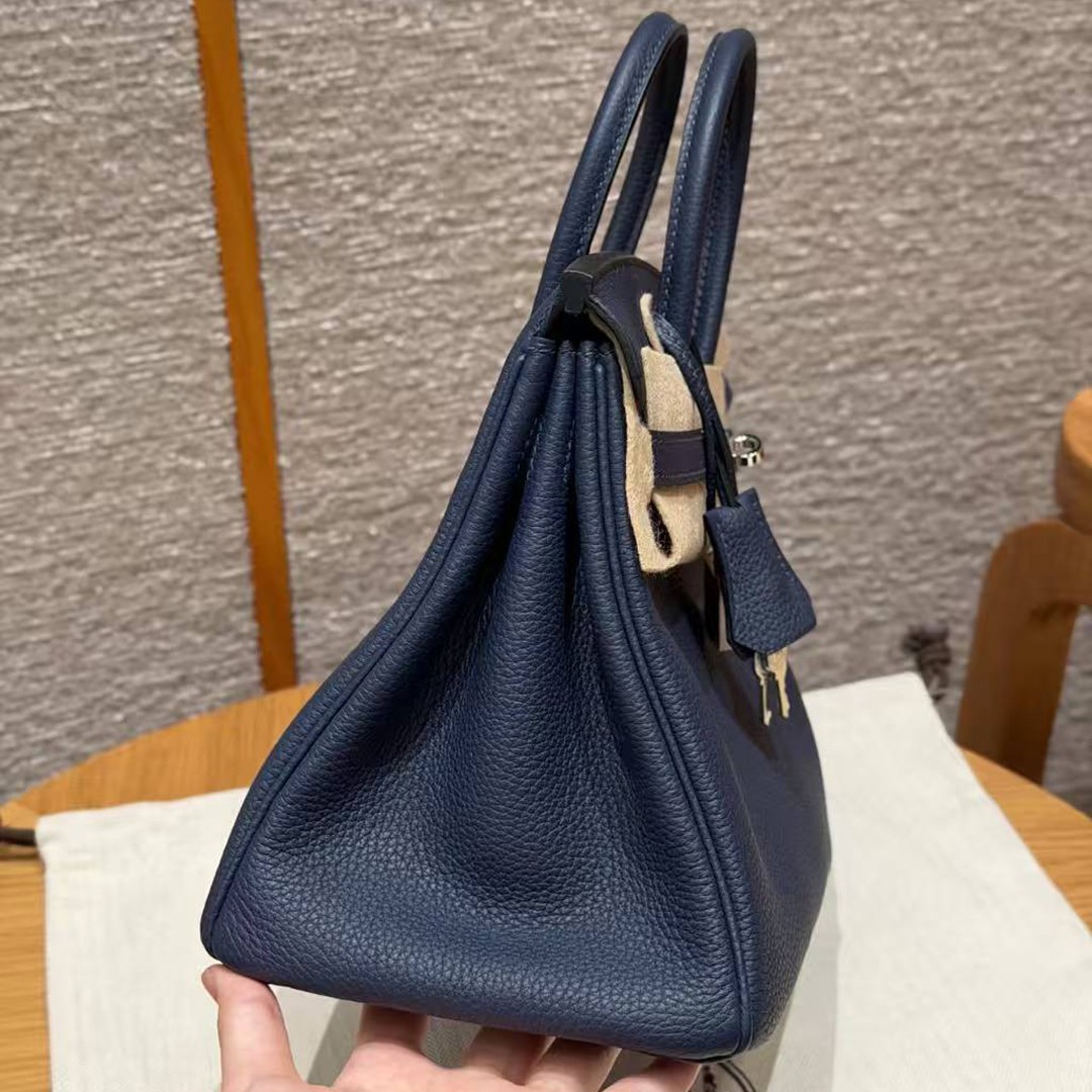 Hermes Birkin 25 Bag Handmade In Togo Calfskin Leather Silver Hardware 7U Blue Navy - Image 19