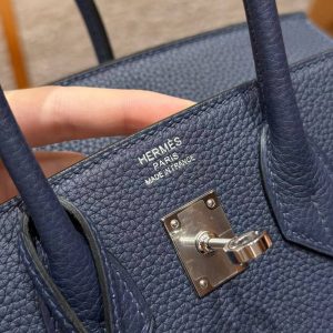 Hermes Birkin 25 Bag Handmade In Togo Calfskin Leather Silver Hardware 7U Blue Navy - Image 15