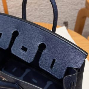 Hermes Birkin 25 Bag Handmade In Togo Calfskin Leather Silver Hardware 7U Blue Navy - Image 10