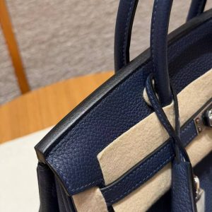 Hermes Birkin 25 Bag Handmade In Togo Calfskin Leather Silver Hardware 7U Blue Navy - Image 7