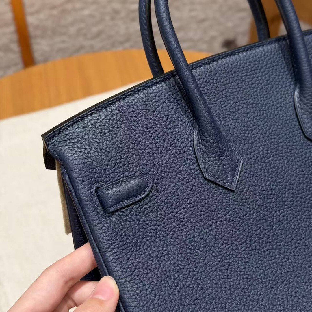 Hermes Birkin 25 Bag Handmade In Togo Calfskin Leather Silver Hardware 7U Blue Navy - Image 5