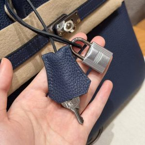 Hermes Birkin 25 Bag Handmade In Togo Calfskin Leather Silver Hardware 7U Blue Navy - Image 3