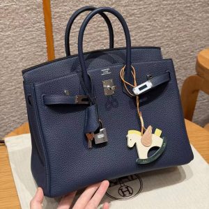 Hermes Birkin 25 Bag Handmade In Togo Calfskin Leather Silver Hardware 7U Blue Navy