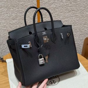 Hermès Birkin 25 Bag Handmade In Togo Calfskin Leather Silver Hardware 89 Noir - Image 8