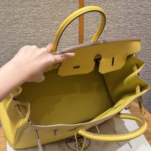 Hermes Birkin 25 Bag Handmade In Togo Calfskin Leather Silver Hardware 9R Lime - Image 15