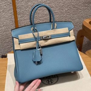 Alternative view of Hermes Birkin 25 Bag Handmade In Togo Calfskin Leather Silver Hardware D2 New Blue Jean
