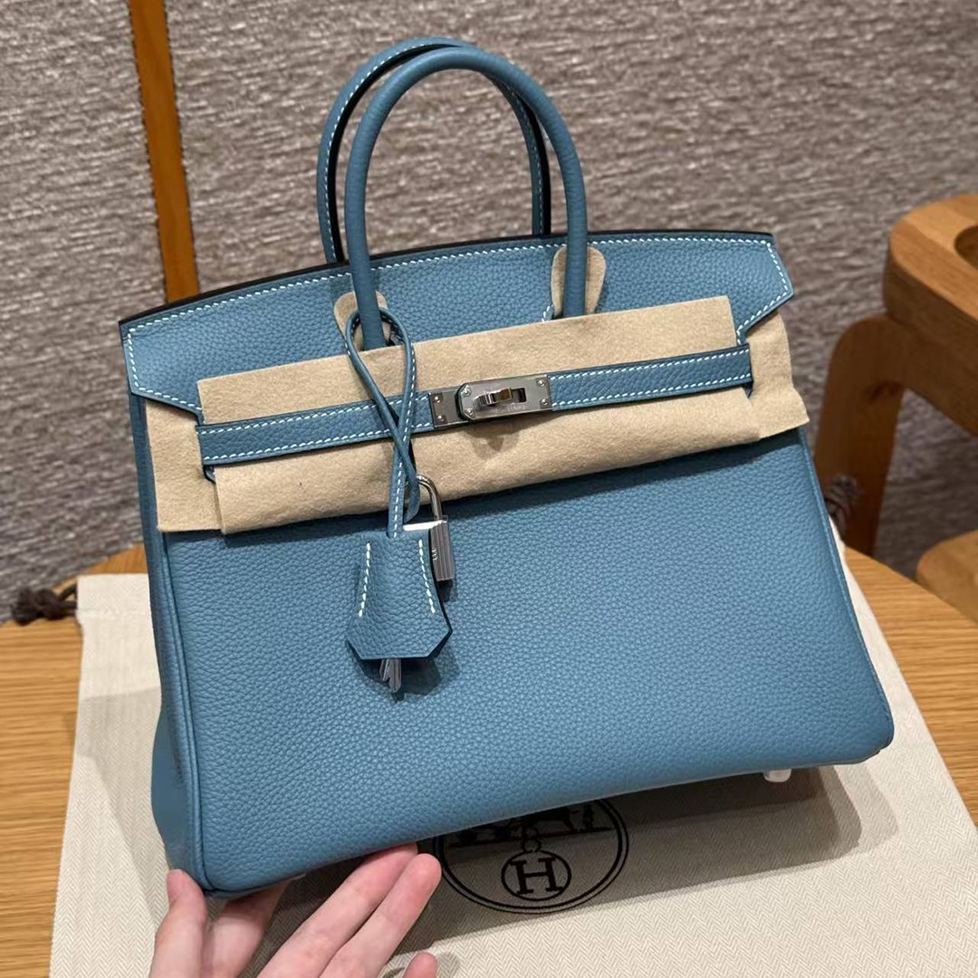 Hermes Birkin 25 Bag Handmade In Togo Calfskin Leather Silver Hardware D2 New Blue Jean - Image 2