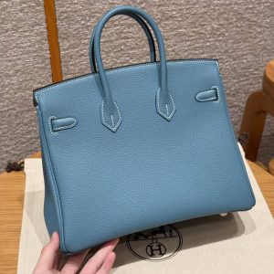 Hermes Birkin 25 Bag Handmade In Togo Calfskin Leather Silver Hardware D2 New Blue Jean - Image 17