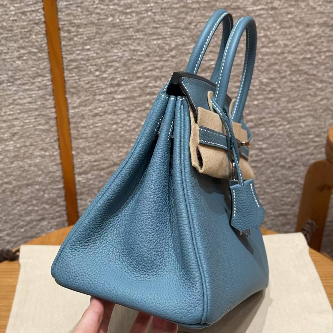 Hermes Birkin 25 Bag Handmade In Togo Calfskin Leather Silver Hardware D2 New Blue Jean - Image 16