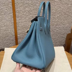 Hermes Birkin 25 Bag Handmade In Togo Calfskin Leather Silver Hardware D2 New Blue Jean - Image 15