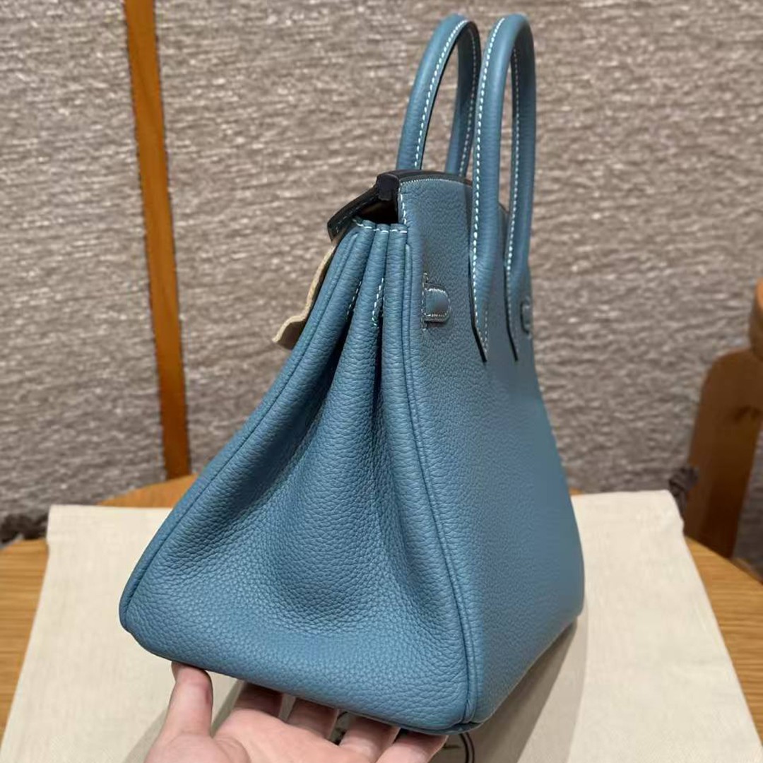 Hermes Birkin 25 Bag Handmade In Togo Calfskin Leather Silver Hardware D2 New Blue Jean - Image 15